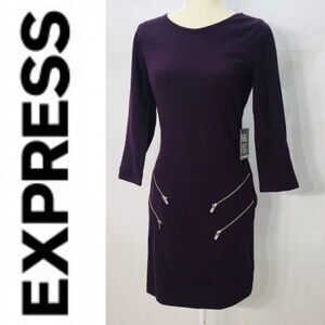 NWT EXPRESS Women’s Stretch Bodycon Purple Dress Size S Long Sleeves Knee Length